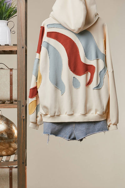 Abstract Patch Hoodie with Kangaroo Pocket: Cream