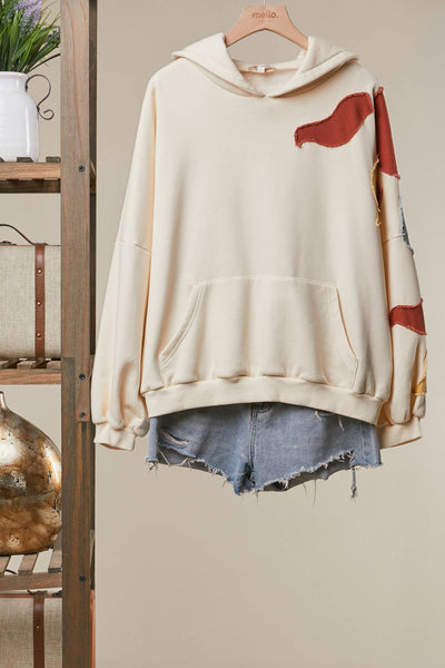 Abstract Patch Hoodie with Kangaroo Pocket: Cream