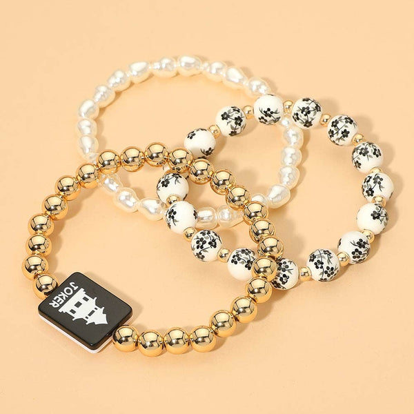 3PCS - Mahjong Charm Accent Floral Pearl Beaded Stretch Multi Layered Bracelets: Gold,Pink