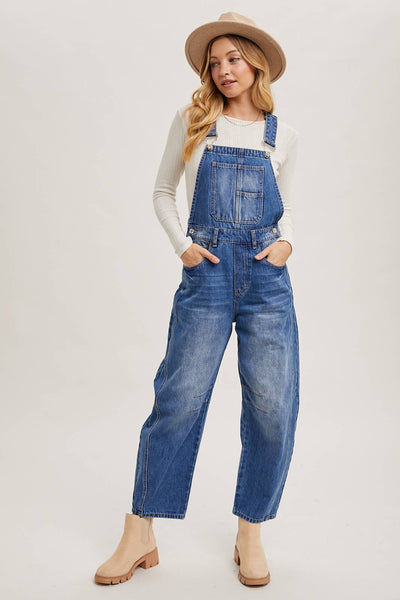 DENIM BARREL OVERALLS: MED.WASH / L