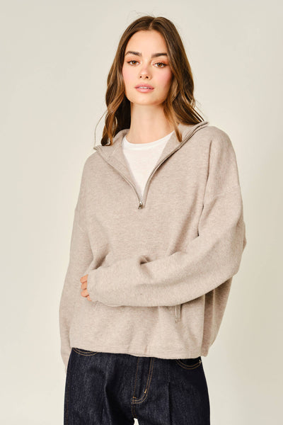 WOOL MIX HALF ZIP UP PULLOVER SWEATER: MOCHA