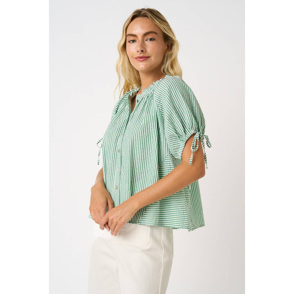 STRIPED RUFFLE NECK SHORT SLEEVE BUTTON DOWN TOP: GREEN / S-M-L(2-2-2) - Lulu Bella Boutique