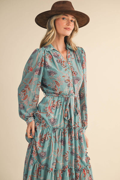 PAISLEY PRINT RUFFLE TIERED MIDI DRESS: SEAFORM