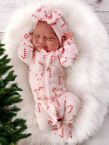 Organic Waffle Ruffle Zip Footie, Pink Candy Cane: 3 - 6 mo.