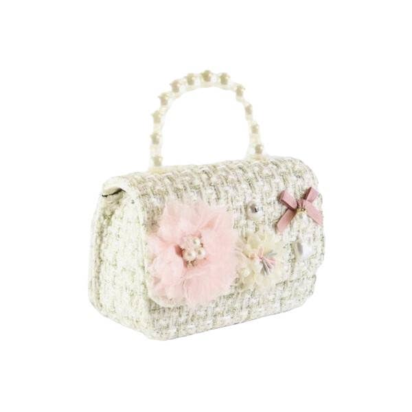 B1305 Floral Appliques Tweed Purse (3 Colors): Beige