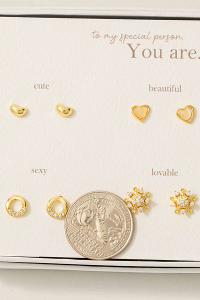 Gold Dipped Cluster And Heart Stud Earrings Set: GD - Lulu Bella Boutique