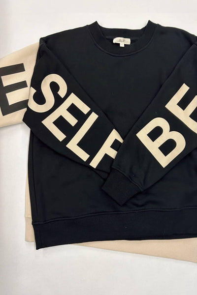 Be Yourself Love Yourself Printed Oversized Sweatshirt: BLACK / S - Lulu Bella Boutique