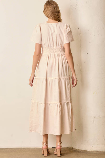 EMBROIDED FLORAL PRINT MAXI TIERED DRESS: NATURAL / S - Lulu Bella Boutique