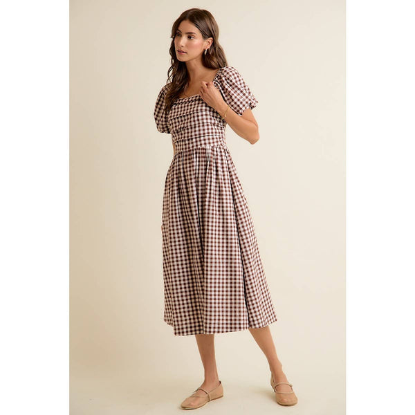 GINGHAM LACE TRIM PUFF SLEEVES LINED MIDI DRESS: BROWN / S - Lulu Bella Boutique