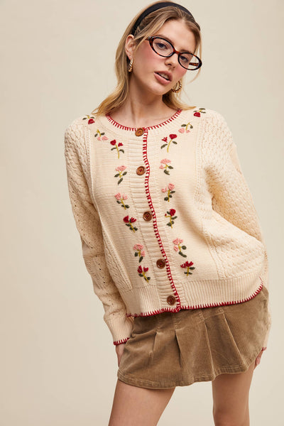 Floral Embroidered Button-Up Cardigan: Ecru