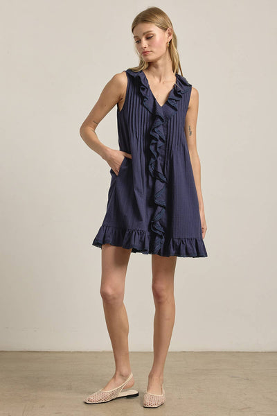 Ruffle Trim Pintuck Dress with Slip Lining - RD1276: NAVY / S-M-L (3-2-1) - Lulu Bella Boutique