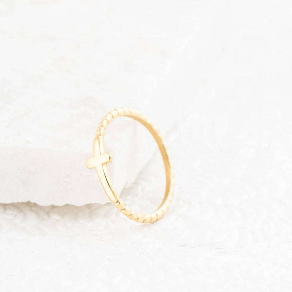 14K Gold Filled Plus™ Beaded Cross Stacking Ring: Gold / 7