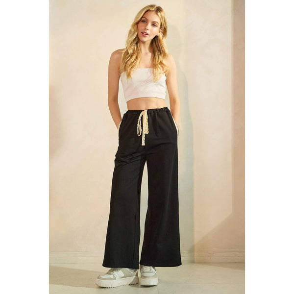 LACE STRIPED ELASTIC WAIST TERRY SWEATPANTS: BLACK / S-M-L(2-2-2) - Lulu Bella Boutique