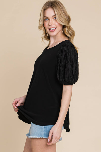 Plus Size Solid Casual Top With Contrast Sleeves: 3XL / Black