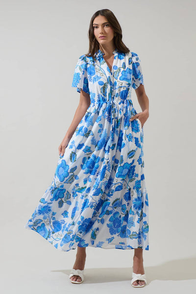 Samian Floral Kissa Button Down Maxi Dress: WHITE-BLUE-GREEN / S