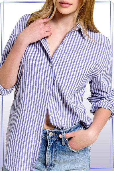 Collared Contrast Stripe Button Down Shirt: Denim