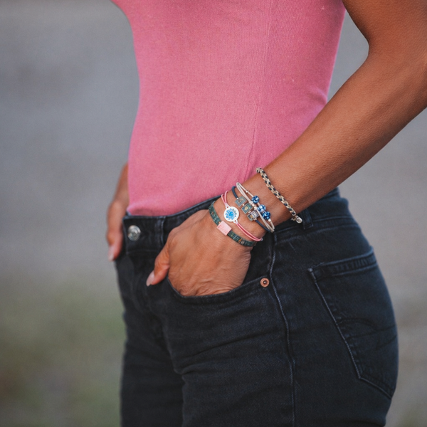 "Mahjong" Themed in Pink, Green & Blue with Lotus & Tile Accent Hair Tie Bracelets: Medium