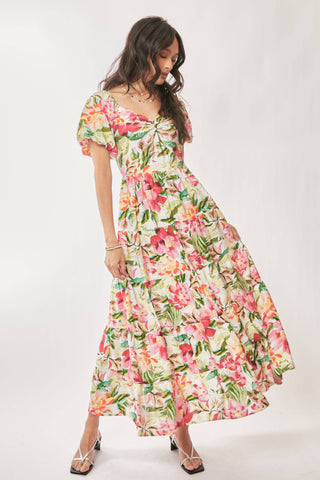 FLORAL SHORT PUFF SLEEVES SWEETHEART MAXI DRESS: WHITE RED / L - Lulu Bella Boutique