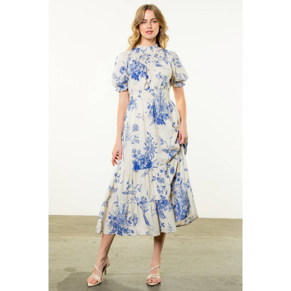 Floral Print Short Sleeve Maxi Dress: BLUE / XS-S-M-L(1-2-2-1) - Lulu Bella Boutique