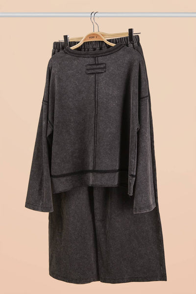 Mineral Washed Casual Knit Top & Pants Set: BLACK