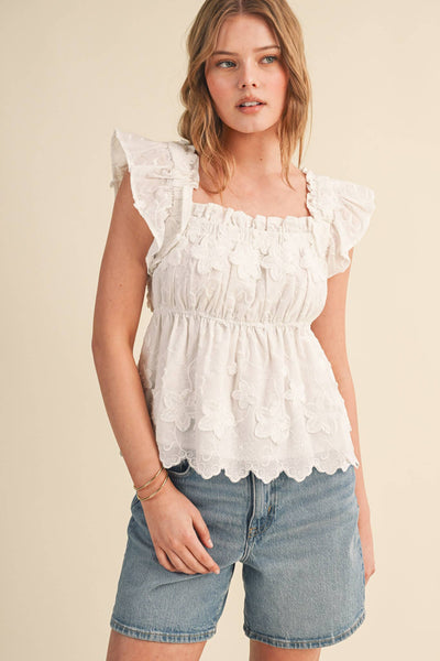 EMBROIDERED FLORAL BABYDOLL TOP MTP4861: OFF WHITE / S - Lulu Bella Boutique