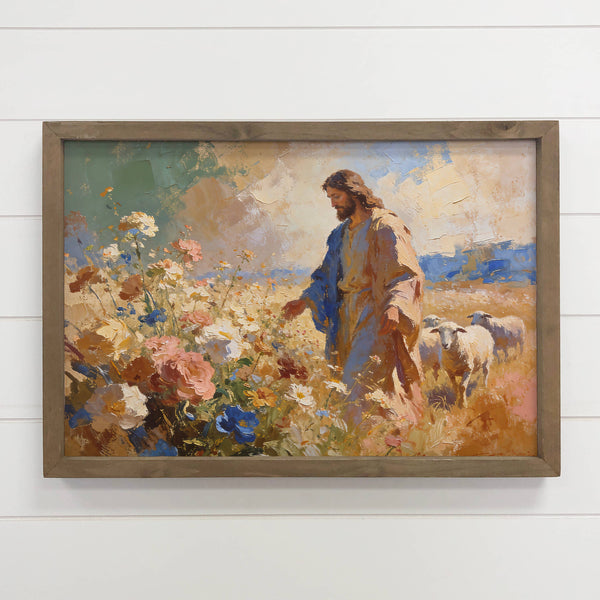 Jesus Christ Leading Sheep - Christian Home Bedroom Wall Art: 12x18" Medium Canvas Art with Thick Wood Frame