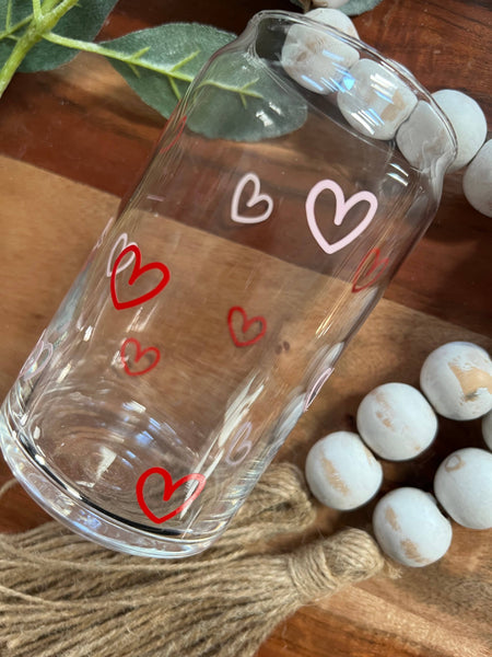 Valentines Day Beer Can Glass, Hearts, Pink and Red Heart: 20 oz / Light Pink & Red