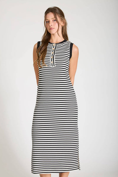 STRIPE HENLEY TANK KNIT MIDI DRESS: Black L