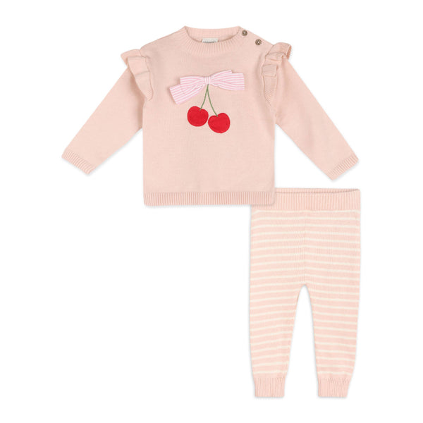 Cherry Bow Baby Pullover & Stripe Pants (Organic Cotton): Pink / Natural