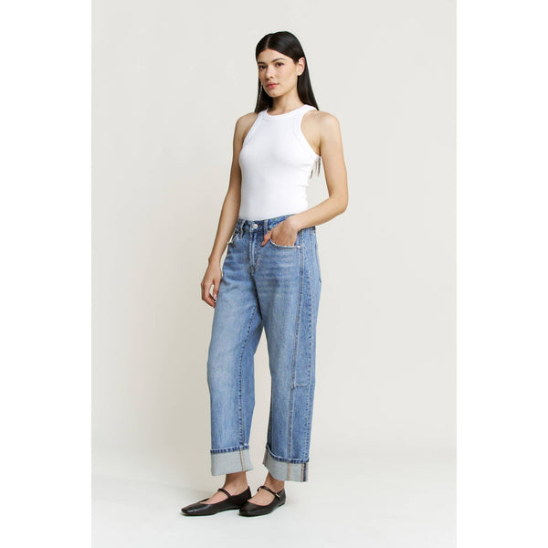 HIGH RISE BARREL-LEG DETAILING CUFFED HEM: DUSTY SKY / 24 - Lulu Bella Boutique