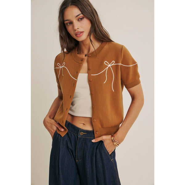 FRENCH MORNING BOW EMBROIDERED BUTTON-DOWN COTTON CARDIGAN: OFF WHITE / S - Lulu Bella Boutique