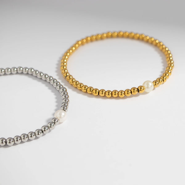 18K Gold PVD Stainless Steel Stretch Bracelet with Pearl: Gold