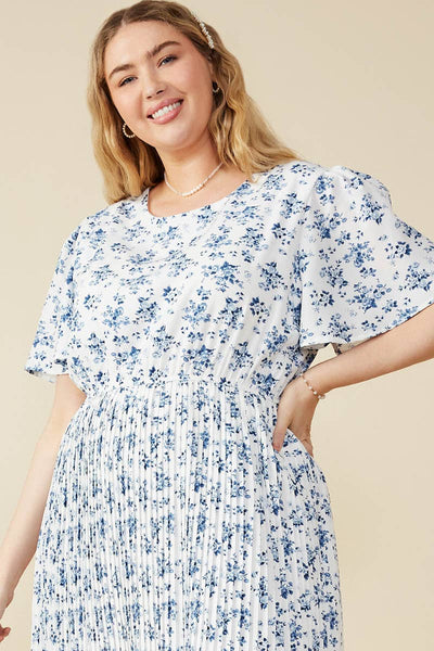 Womens Ditsy Floral Pleated Skirt Dress: Blue - Lulu Bella Boutique