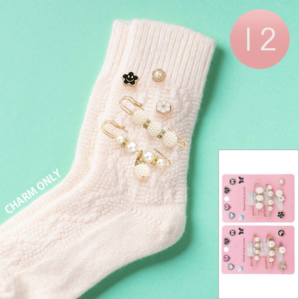 12 SET OF 5 - Pearl Safety Pin Flower Smile Face Socks Charm