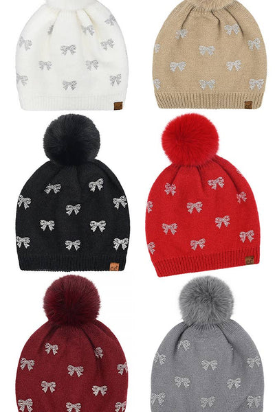 C.C Allover Rhinestone Mini Bow Pom Beanie: Red