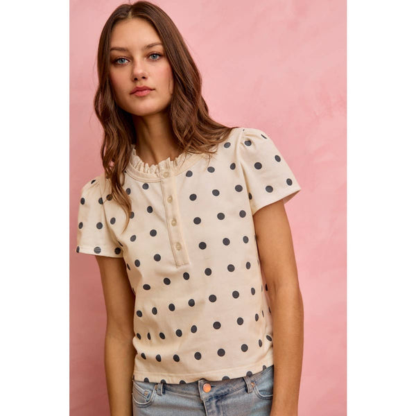 POLK-A-DOT KNIT LACE TRIM ON NECKLINE SHORT TOP: OFF WHITE/BLACK / S - Lulu Bella Boutique