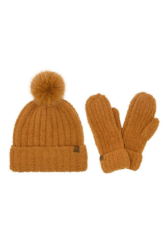 C.C Cozy Yarn Beanie Winter Hat & Mitten Set: Rust