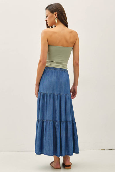 DENIM LOOK TENCEL TIERED MAXI SKIRT : MED WASH - Lulu Bella Boutique