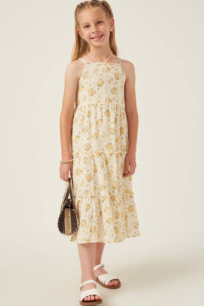 Girls Textured Lace Detail Strappy Back Dress: Yellow / S - Lulu Bella Boutique