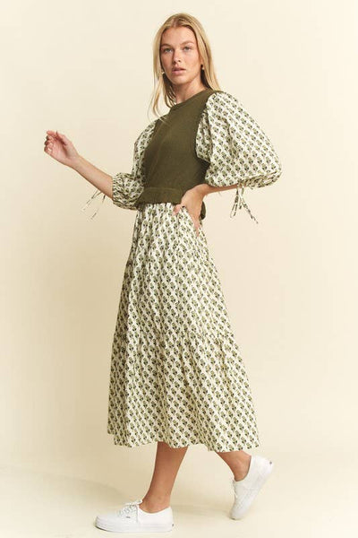 Floral Print Mixed Media Tiered Midi Dress : Olive / S - Lulu Bella Boutique