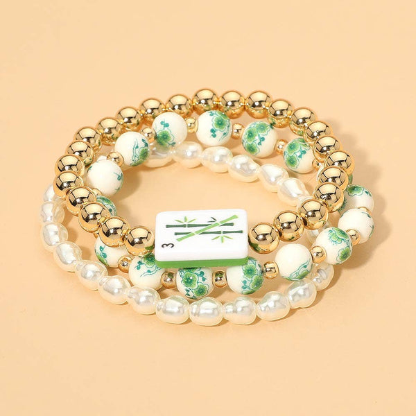 3PCS - Mahjong Charm Accent Floral Pearl Beaded Stretch Multi Layered Bracelets: Black,Gold