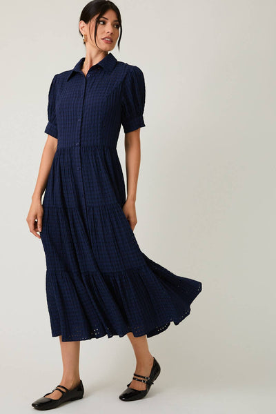 PUFF HALF SLEEVE BUTTON DOWN TIERED MIDI DRESS: NAVY / S - Lulu Bella Boutique