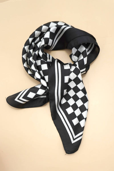 LARGE CHECKER PRINT SILKY FEEL BANDANA SCARF: Brown