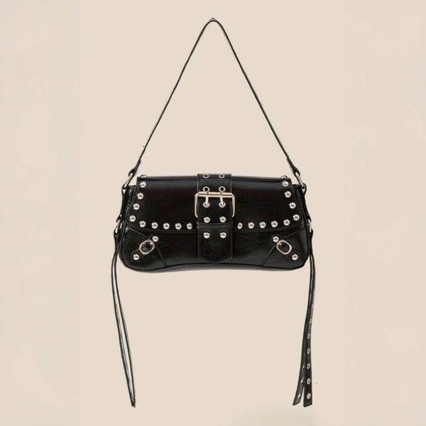 Glossy Leather Rivet Trim Shoulder Bag: SBK