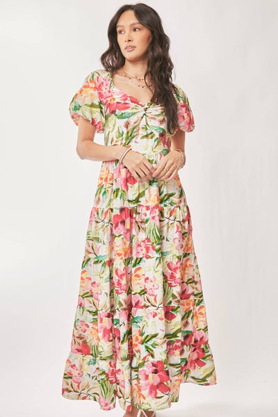 FLORAL SHORT PUFF SLEEVES SWEETHEART MAXI DRESS: WHITE RED / L - Lulu Bella Boutique