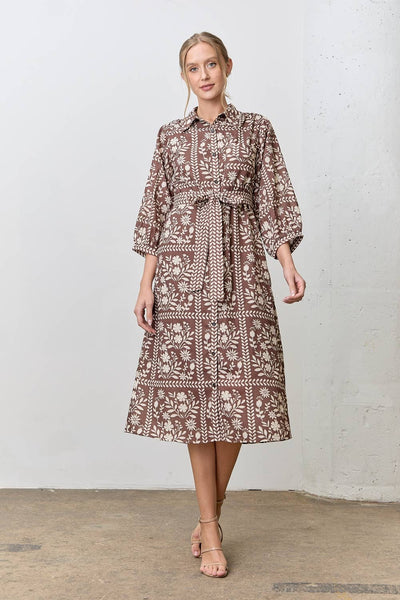 BORDER FLORAL PRINT SHIRT DRESS: BROWN/IVORY