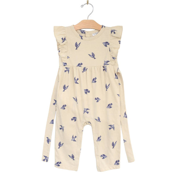 Flutter Long Romper- Bluebirds: 9-12m