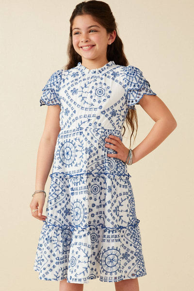 Girls Eyelet Lace Scallop Sleeve Midi Dress: Blue