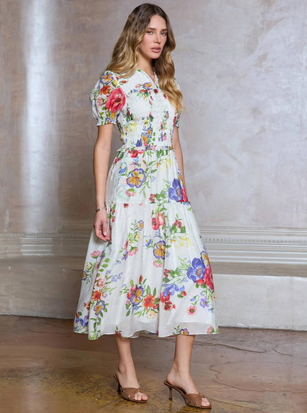 Floral Printed Smocked Midi Dress: Multi / XS - Lulu Bella Boutique