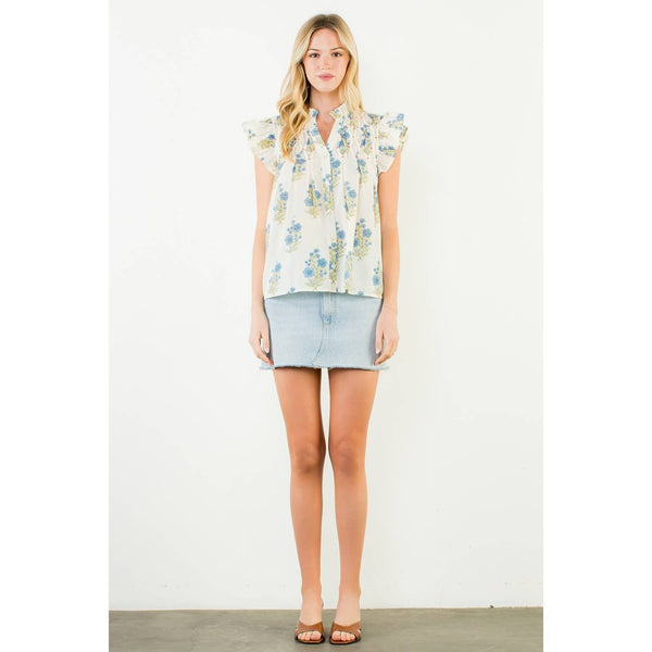 Flutter Sleeve Floral Pattern Top: CREAM / XS-S-M-L(1-2-2-1) - Lulu Bella Boutique